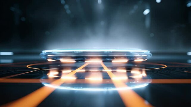 Futuristic glowing platform with blue and orange lights, dark background. Abstract digital scene with sleek, circular design elements.
