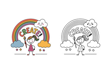 'CREATE!' text, colorful And Cheerful Stick Figure with Rainbow and Paintbrush – Creative Cartoon Illustration