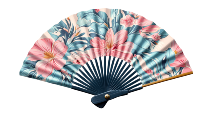 Floral design hand fan, light pink and teal colors, cut out transparent