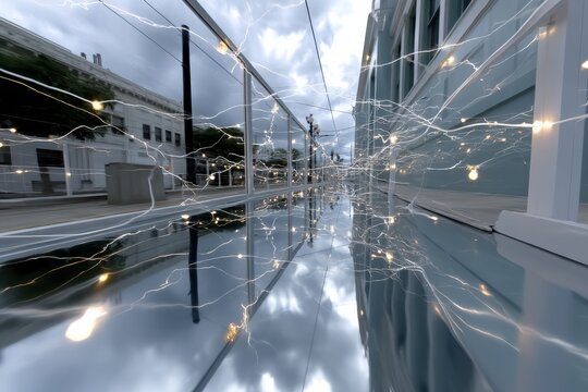 This mesmerizing image captures a reflective surface with illuminated strands of light, creating a captivating visual that blurs the line between reality and abstraction.