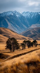 Fototapeta premium Mountain range landscape with golden grassland and trees. Scenic view of a valley with snow-capped mountains and dry grass. Possible use Nature photography, travel brochure