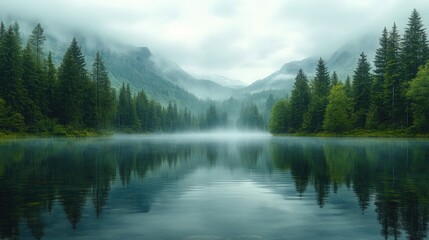Mist shrouded lake surrounded by evergreens and mountains landscape view