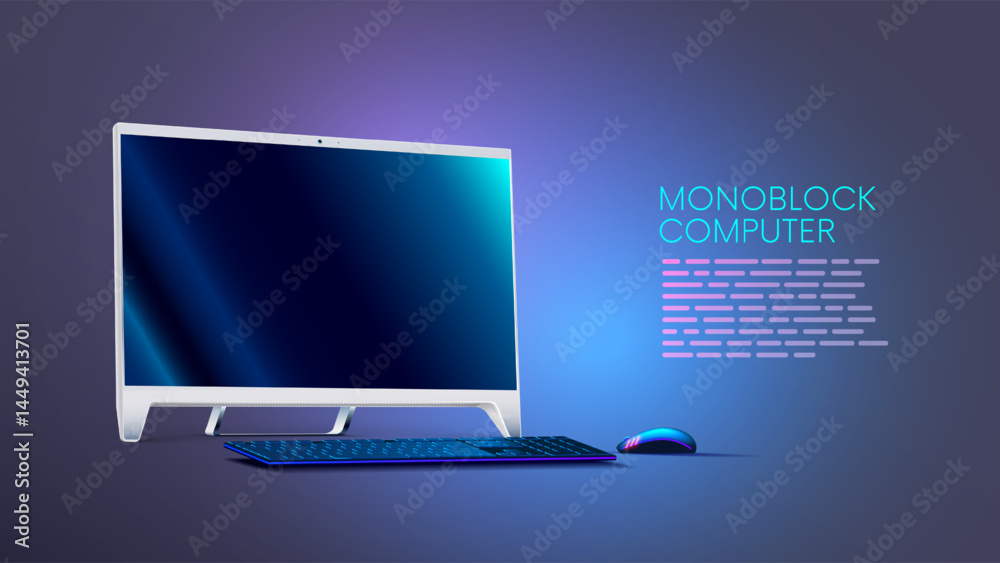 Fototapete Monoblock computer. Office monoblock computer keyboard, mouse stand on table in perspective. Computer monitor is turned off. Desktop pc template for business. Computer without system case.