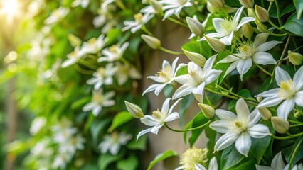 Fototapeta premium Fragrant white flowers of a climbing plant with delicate green leaves and twining stems in a lush garden setting, jasmine