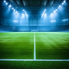 Fototapeta premium Indoor soccer field, artificial turf, empty arena, spotlights - 