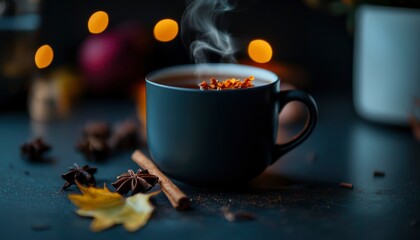 Obraz premium Steaming beverage in mug with autumn spices, dark table, soft focus background