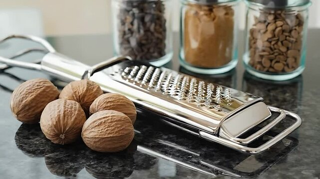 Nutmeg spice with grater and glass jars