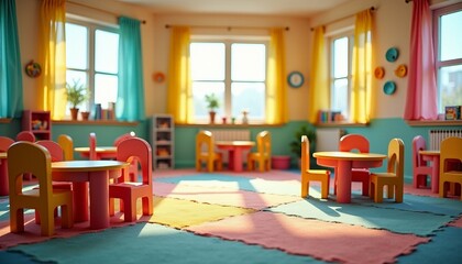 Colorful Kindergarten Classroom with Small Chairs