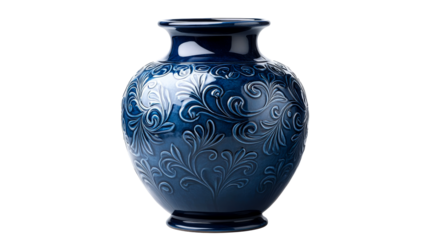 Elegant dark blue vase with floral pattern, cut out transparent