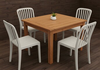 Square wooden table with white plastic chairs