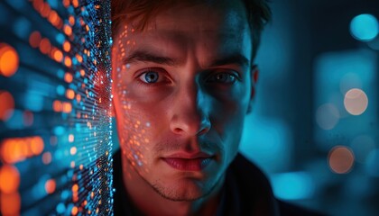 Intense portrait young man against digital network background. Cyber security specialist facing digital threat. Futuristic tech concept, data protection, innovative technology, artificial