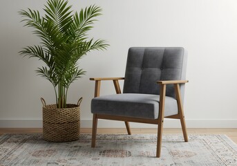 Stylish gray armchair with wooden legs