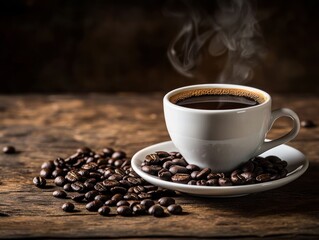 Aromatic coffee cup on rustic wooden table