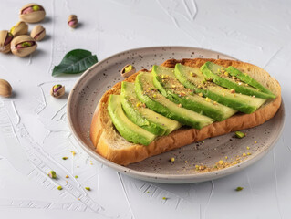 Avocado toast topped with pistachios on a plate