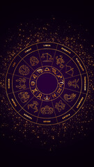 zodiac signs wheel with golden stars astrology on dark purple back, shiny glitter particles horoscope vertical social media background
