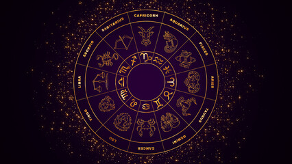 zodiac signs wheel with golden stars astrology on dark purple back, shiny glitter particles horoscope background