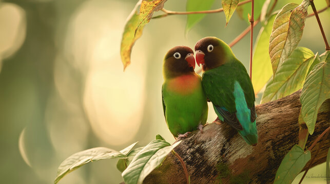 Two parakeets perched close on a branch