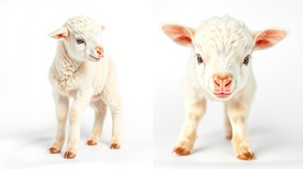 Fototapeta premium Two Adorable Baby Lambs with Fluffy Wool and Pink Noses – High Detail Studio Photo on White Background Featuring Big Ears, Tiny Hooves, and Innocent Expressions in 4K