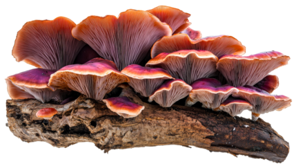 Pleurotus Mushroom Cluster on Log, Close Up View, cut out transparent