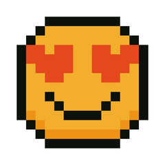 Pixel art smiley face with hearts in eyes in a video game style isolated on white background. Retro style 8 bit vector illustration symbolizing love, romance. Perfect for video games, memes, chat