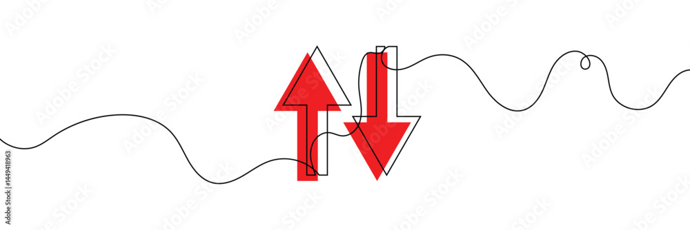 Poster continuous one line drawing of arrow pointing up and down. black thin line of two directions arrow i
