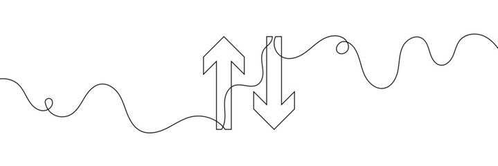 Continuous one line drawing of arrow pointing up and down. Black thin line of two directions arrow icon isolated on white background. EPS10 vector illustration for banner, template, web, app, poster.