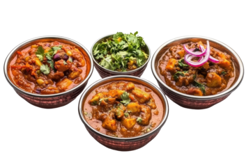 A vibrant spread of curries with coriander garnish