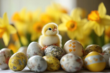 Obraz premium Fluffy chick sits among colorful Easter eggs and daffodils
