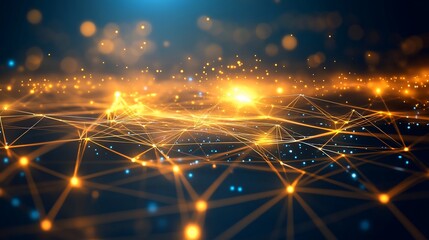 Abstract network of connected points and lines, glowing with warm light