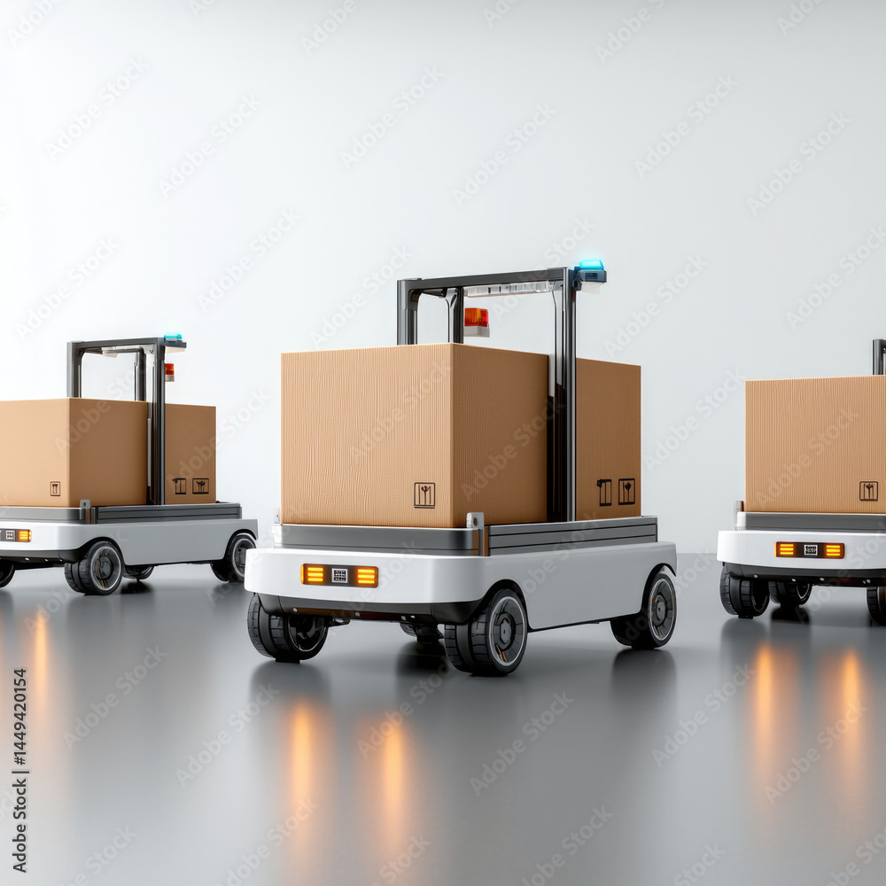 Poster autonomous delivery robot cardboard box warehouse logistics technology transportation modern indoor 