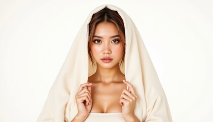 Fototapeta premium Woman in flowing white robe, minimalist portrait with serene and pure aesthetic serene