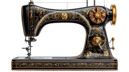 Ornate antique sewing machine, black and gold, cut out transparent