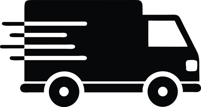 Black delivery truck rushes with speed indicated by lines against a white background
