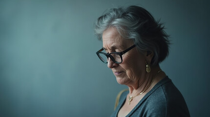 Fototapeta premium A middle-aged woman with glasses, looking downward in deep thought, set against a soft blue monochrome background that highlights her calm, reflective mood.