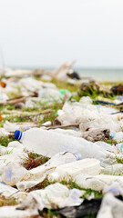 Plastic bottle beach sand covered in marine litter, polluted shore, floating material, unclean habitat, environmental concept, climate disaster, and ocean crisis
