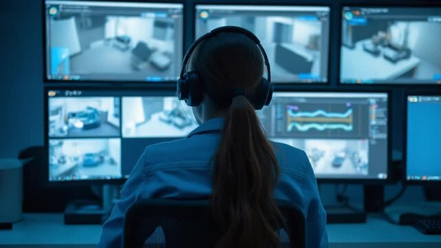Female Operator Monitoring Multiple Security Camera Feeds at Control Room
