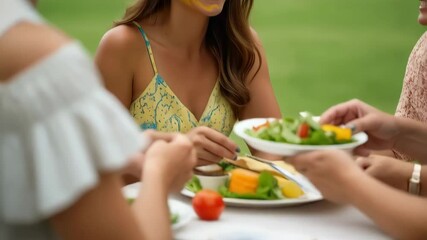 A young woman adorned with Ukrainian flag makeup shares a meal with friends in a park, embodying strength and community during tough times