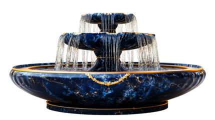 Elegant three tiered marble fountain with flowing water, cut out transparent