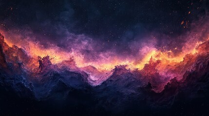 Cosmic landscape, vibrant nebulae, and fiery mountains