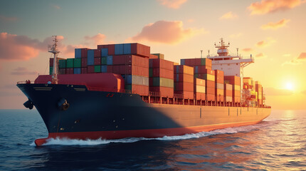 Fototapeta premium Large container ship glides through ocean waves at dusk, evoking themes of freight, logistics, and global supply chains.