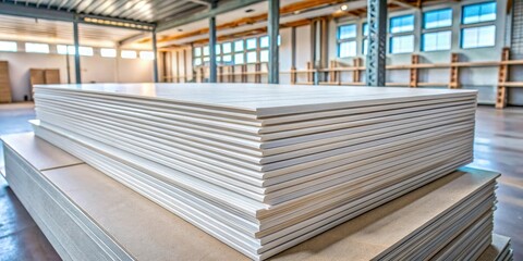 Fototapeta premium Drywall sheets stacked in neat layers on a construction site table , sheeting, drywall