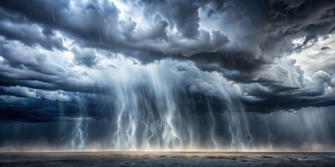 Obraz premium Dark stormy sky with thick grey clouds and heavy raindrops falling from the sky in a torrential downpour, gloomy atmosphere, thunderstorm