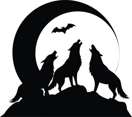 Black silhouette depicts three howling wolves standing upon a hill under a bat and moon