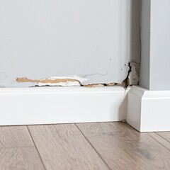 Damaged interior wall with cracks and peeling paint near baseboard and hardwood floor