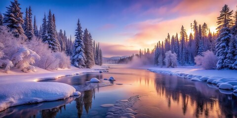 Winter River Landscape at Sunset