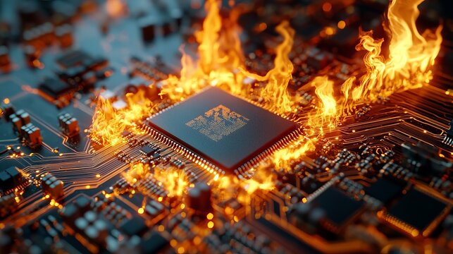 Burning computer microchip circuit board technology fire disaster hot orange flames intense heat damage risk dark error power