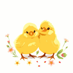 cute chicks with flowers on white