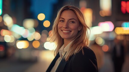 Smiling woman in city lights at night