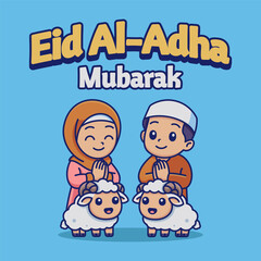 Eid Al-Adha Mubarak Illustration with Muslim Kids and Cute Sheep