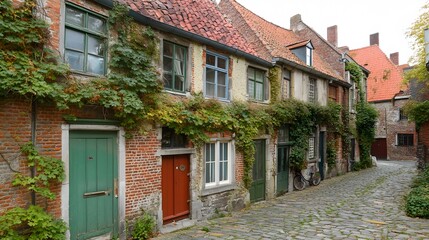 Charming Old European Brick Houses with Vines Cobblestone Street